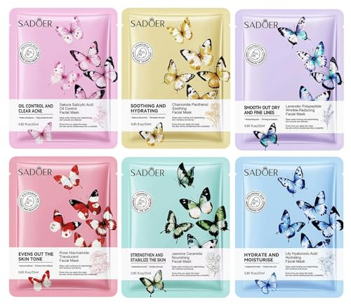 6 Piezas Mascarillas Faciales Patrón de mariposa con Dibujos animados Estampados, Mascarilla Facial Hidratante, Regalo para Chicas y Mujeres, Mascarilla de Tela Suave para el Cuidado Diario de la Piel