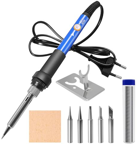 TUOLNK Kit de Fer à Souder 60W 9 Pièces | Réglage de Température 6 Niveaux | 5 Pointes de Soudure + Support + Étain + Éponge | Pour Réparations Électroniques & Projets DIY