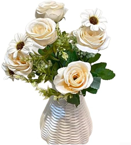 ZWEquipint Konstgjord rosbukett med tusenskönor, 5 rosor 4 tusenskönor falska blommor för bröllop bordsuppsats, heminredning, 29 cm mousserande vin)