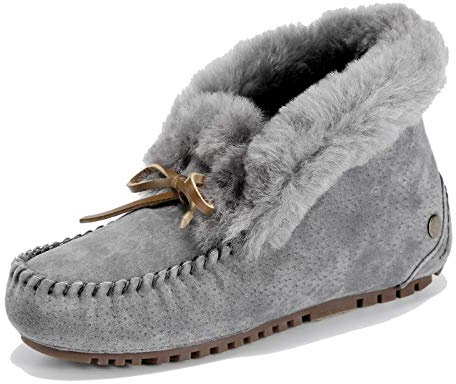 U-lite Women's Warm Fur Wool Slipper Casual Winter Slouch Flat Indoor Outdoor Loafer Grey 8