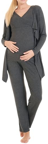 Herzmutter Pyjama Grossesse - Pyjama Allaitement - Trois Pieces - Vêtement de Détente pour Femme Enceinte - Trois Pieces - Pyjama Ensemble Maternité - Pantalon-Haut-Cardigan - 8100 (XL, Gris)