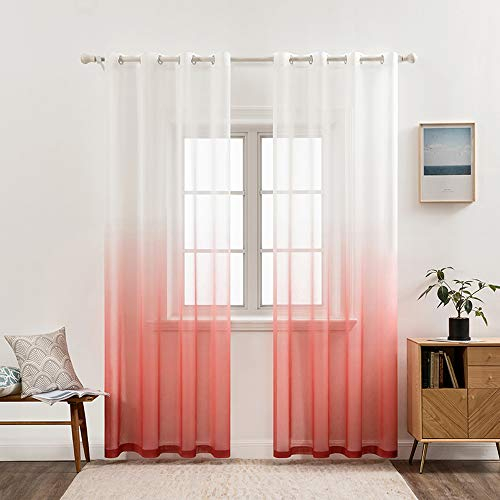 MIULEE Gardinen Transparent Vorhänge Farbverlauf Voile Sheer 2er Set Vorhang mit Ösen Dekoschal Fensterschal für Schlafzimmer und Wohnzimmer 225 cm x 140 cm(H x B) Weiß Rot