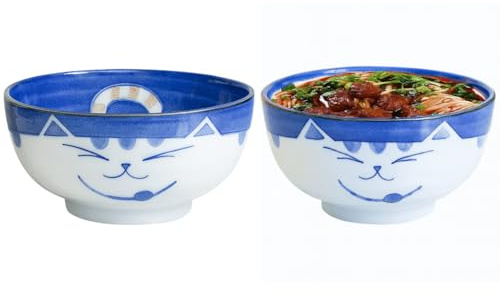 JapanBargain 2471, Set of 2 Japanese Porcelain Bowls Serving Miso Soup Pho Ramen Udon Donburi and Salad, Maneki Neko Smiling Cat Pattern, 18 fl.oz. 5-inch, Blue Color, Made in Japan