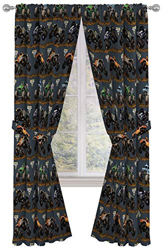 Jay Franco Kids Window Drapes - 4 Piece Curtain Set Includes 2 Tiebacks, Beautiful Bedding Room Décor and Easy Set Up, Black - Monster Jam, 84 Inch