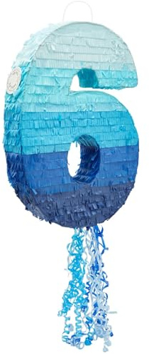 PANDA BLU Numero 6 Pinata - Corda per pignata per decorazione festa di compleanno sesto bambino, colore blu sfumato (16,5 x 11,3 x 3 pollici)