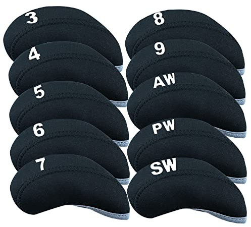 AMRTA Golf Club Iron Head Cover 10 Pack Protective Head Cover Fit All Iron Clubs Black Blue Orange Green (Black)