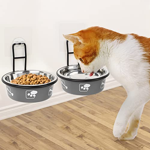 Torlam Elevated Pet Bowls, Wall Mounted Cat Food Dish, Raised Cat Food and Water Bowls, Stainless Steel Elevated Pet Bowls with Stand, Nonslip No Spill Pet Feeding Bowls (2 Packs) (Grey)