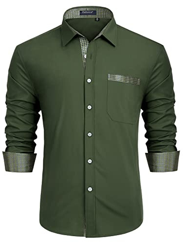 Enlision Camicia Verde Scuro Uomo Elegante Manica Lunga Regular Fit Camicia Matrimonio Casual Camicie Classiche da Cerimonia Business con Tasca M