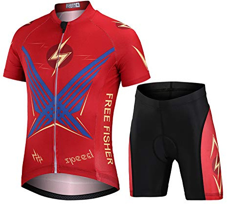 L PATTERN Niño Niña Maillot de Ciclismo Camiseta de Manga Corta + Pantalones Cortos Transpirables Traje de 2 Piezas Conjunto de Jersey Ropa, Rayo Rojo, L/8-9 Años