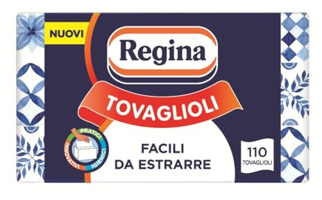 Regina Tovaglioli Interfogliati – Confezione da 110 Tovaglioli a 2 Veli, Pratici e Facili da Usare, 100% Pura Cellulosa, Confezione Dispenser in Plastica Riciclata, Certificata