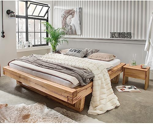 Lomadox Massivholz Doppelbett mit 2 Nachttischen, 140x200 cm, Eiche massiv, ohne Kopfteil, Massivholzkufen, B/H/T ca. 258/42/228 cm