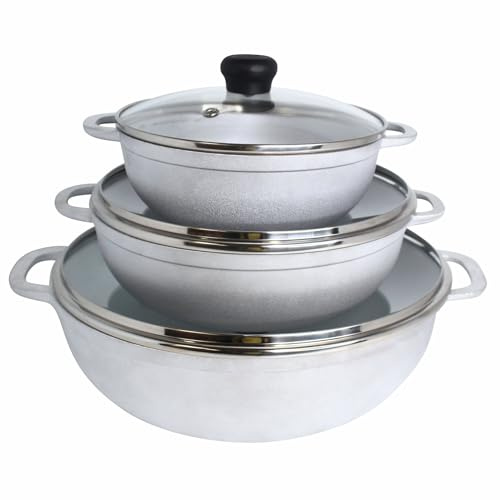 IMUSA Juego Caldero de 3 piezas con tapa de vidrio templado de 1.5/2.5/5.2 cuartos de galón, aluminio, plateado