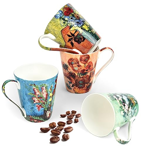 AOTELIDA Coffee Mug Sets of 4, 12oz Bone China Porcelain Cups with Art Print Large Handle Dishwasher Microwave safe for Tea Cocoa or Hot Chocolate