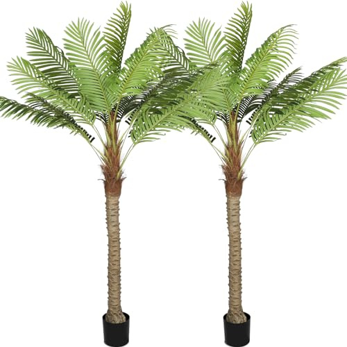 Riceshoot 2 Set 8ft Artificial Palm Trees Faux Tropical Palm Trees for Outdoors Indoor Fake Coconut Plants in Pot for Outside Patio Pools Home Garden Office Porch Decor