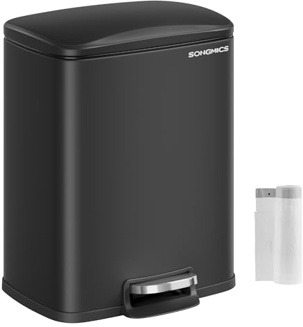 SONGMICS Mülleimer, Mülleimer mit Deckel, 20 l, Stufen-Mülleimer für Küche, Edelstahl, Absenkautomatik und bleibt offen, Inneneimer, inklusive 15 Müllbeutel, Schwarz ULTB543B01