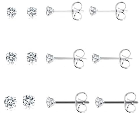 3 Pairs Sterling Cubic Zirconia Hypoallergenic Cartilage Stud Earrings Set - Tiny Studs for Girls & Women (Size: 3/4/5mm)