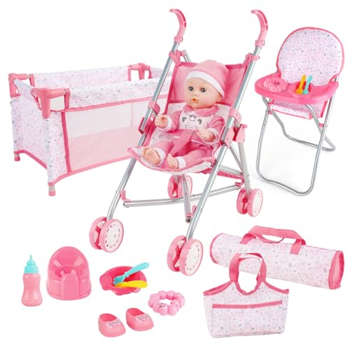 deAO Baby Doll Stroller Playset with Foldable Stroller, Travel Cot & Highchair, Doll Accessories Set Includes Travel Bag and Nursery Role Play Toys for Kids Girls Boys 3+ Years Old