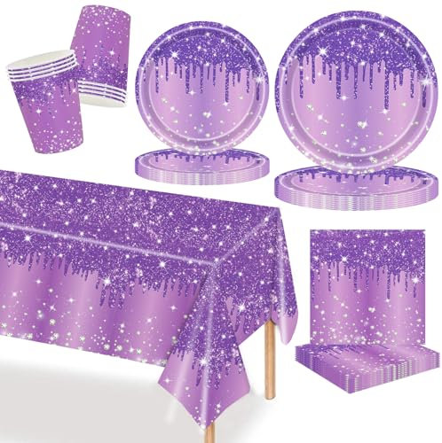 69P - Set di stoviglie viola con diamanti scintillanti, piatti, tovaglioli, tovaglioli, tovaglia, carta, set di decorazioni per tavolo di compleanno per uomini e donne, accessori per feste di