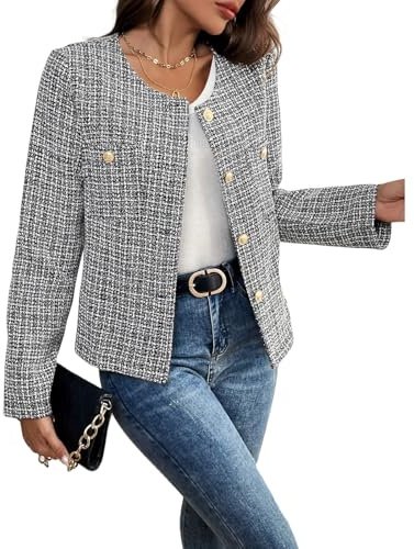 AUKLETBLIEF Chaqueta Tweed Blazer para mujer, manga larga, grande, cuello redondo, abrigo informal de negocios, elegante y cómodo para cualquier ocasión, Negro , L