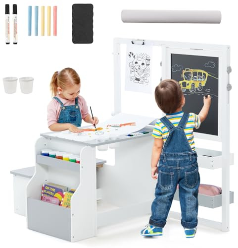 LIFEZEAL Mesa Infantil con Banco, Juego de Caballete con Pizarra de Doble Cara, Conjunto de Mesa y Silla para niños de 3+ años, Estante para Juguetes y Libros, Rollo de Papel y rotulador (Gris Claro)