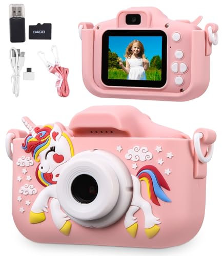 Azyvum Kinderkamera 1080P Bildschirm Kamera mit 64GB-Karte Selfie Digitalkamera für 3-12 Jahre Jungen & Mädchen Rosa