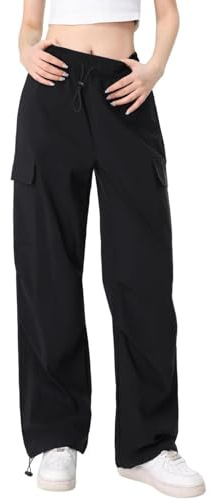 Atxnn Cargohose Damen Y2K Weites Bein Wanderhose Schnell Trocknend Hose Arbeitshose mit Multi Taschen Kordelzug Freizeithose,SCHWARZ XL