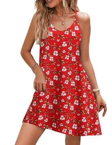 Zeagoo Vestido de verano para mujer, estilo bohemio, tirantes delgados, sexy, sin mangas, para la playa, flores, minivestido corto para el tiempo libre, Flores rojas., S