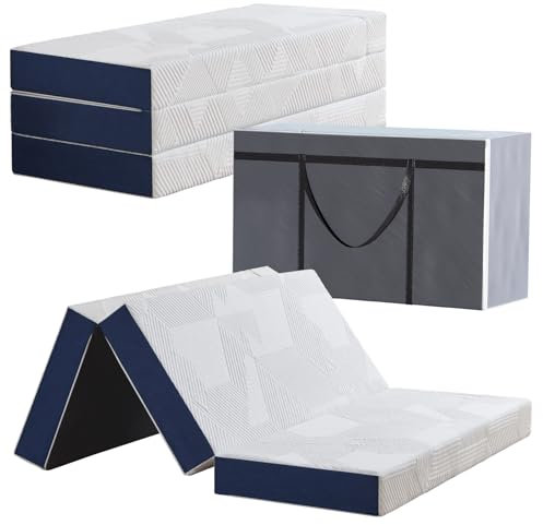 Hiimgo Faltmatratze 75 x 195 x 15 cm, 4-teilig Klappbar - Faltbare Klappmatratze mit abnehmbarem Bezug, Gästematratze für Reisen Camping Gästebett (Weiß & Blau)