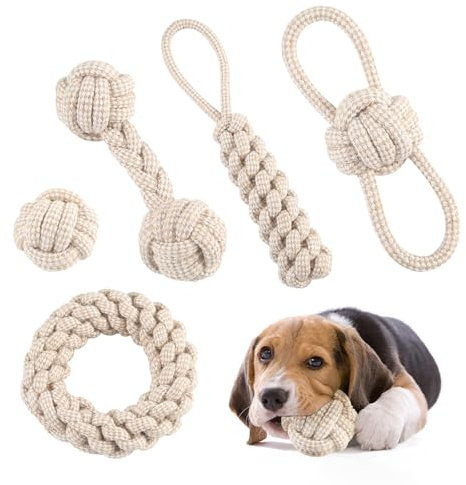 AnNissa Lot de 5 Cordes pour Chien, Jouet en Corde pour Petit Chien, Jouet pour Le Nettoyage des Dents et la Mastication, Corde tressée Interactive en Coton tressé