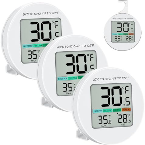 3 termometri per frigorifero, IP65, impermeabili, con schermo LCD, mini igrometro digitale con tre pulsanti e gancio, per frigorifero, congelatore interno (bianco)