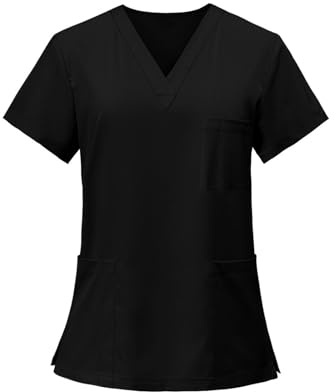 Medical Uniforms & Scrubs, Scrub Tops for Women UK V Neck Short Sleeve Nurses Shirts Medical Uniform Work Tunic Tops with Pockets 03-Black M
