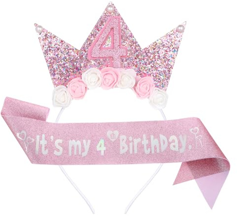 Birthday Crown It's My Birthdays Sash 4/5/7th Birthday Decorations for Girls, 4/5/7 Year Old Pink Birthdays Girl Sash and Tiara Outfit Glitter Flower Princess Crown Headband for Party (Number 4)