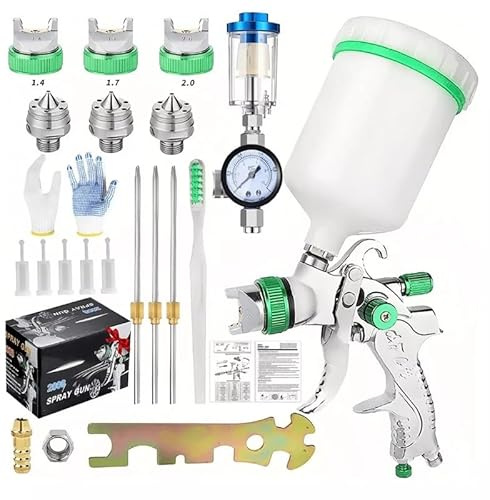 HVLP Pistola a Spruzzo Ad Alta Atomizzazione,Con 5 Ugelli Da 1,4/1,7/2,0/2,5,Aerografo Per Verniciare 600mlinclude Guanti, Chiavi Inglesi e Altri Accessori,Per Riparazioni Di Piccoli Mobili Per Auto,