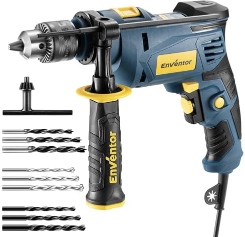 Enventor Taladro Percutor con Cable 750W, Función 2 en 1, Velocidad Variable 0-3100RPM, Mango Auxiliar de 360°, Portabrocas de 13MM, para Concreto, Metal y Madera