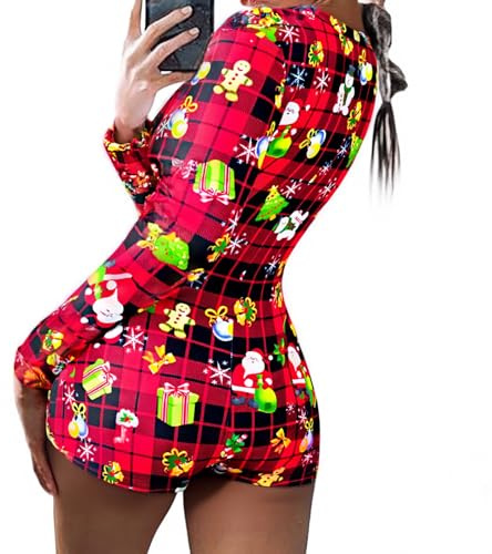 ICNGLKSND Women Christmas Pajamas Romper Bukle Bodycon Jumpsuit V Neck Long Sleeve Pjs Bodysuit Overall Sleepwear Loungewear (Red Plaid, M)
