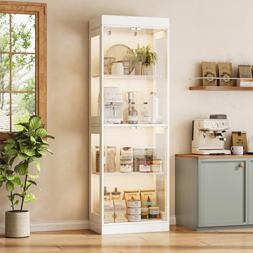 SVEYLXA Vitrina de 178 cm con iluminación LED y puertas de cristal, vitrina coleccionable, 4 capas, color blanco, resistente al polvo con diseño sin mango, para salón, dormitorio, oficina, color