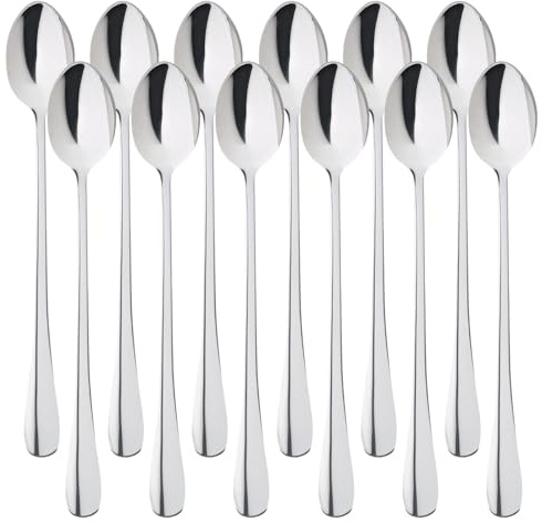 LLCS Lot de 12 cuillères à latte macchiato - En acier inoxydable - Longues cuillères à café - Cuillères à dessert - Cuillères à café pour café glacé, thé glacé, milkshake - 19,5 cm - 12