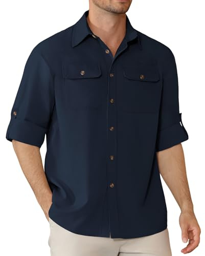 Focixfor Men's Long Sleeve Safari Hiking Shirt Button-Down Quick Drying Fishing Breathable Outdoor Shirts Navy Blue M