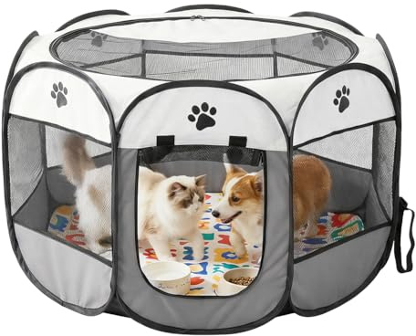 Parc pliable pour chiot - 74 x 74 x 43 cm - Enclos pour petits animaux - Enclos pour chiens, chats, lapins - Pour l'intérieur et l'extérieur (gris)
