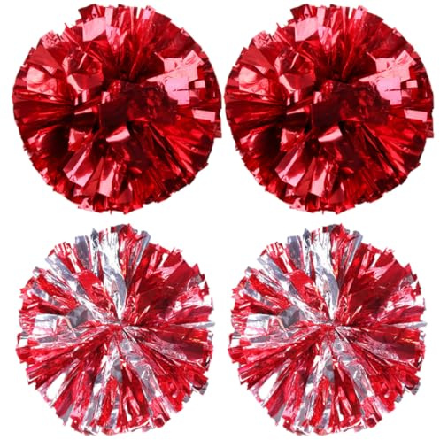 SHERCHPRY Lot de 4 Pompons Cheerleading 30 Cm en Plastique Brillant Rouge et Argenté, Accessoires Réutilisables pour Pom-Pom, Encouragements Équipe Sportive et Spectacles de Danse