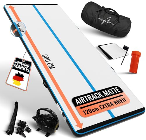 AthleticPro Airtrack-matta (120 cm bred, 10/20 cm höjd) – premium uppblåsbar gymnastikmatta inkl. elektrisk pump och väska – gymnastikmatta – gymnastikmatta – gymnastikmatta [3 m/4 m/5 m]
