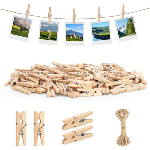 JijAcraft 100 Mini Pinzas De Madera De 2,5 Cm Con 10 M De Cuerda De Yute Para Fotos, Tarjetas, Manualidades Y Envoltorios De Regalo