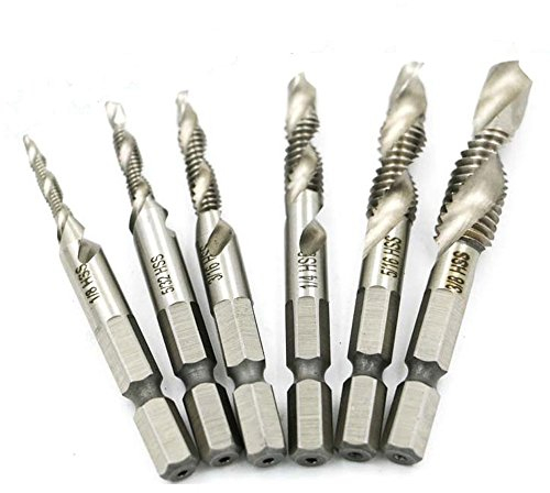 NUZAMAS Set di 6 set di punte per trapano filettato con gambo Codolo esagonale Vite HSS Punta a spirale Filetto Punta elicoidale Punta per trapano Taglia 1/8 、 5/32 、 3/16 、 1/4 、 5/16 e 3/8