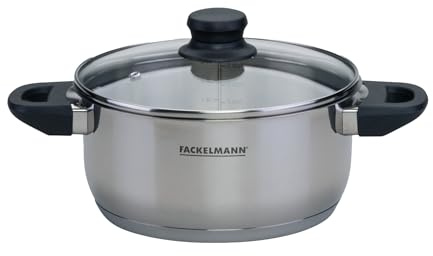 Fackelmann Geneva Olla Baja 20 x 9,5 cm, Capacidad 2,8 Litros, Cazo de Acero Inoxidable con Núcleo de Aluminio, Tapa de Vidrio, Resistente a Corrosión y Fácil de Limpiar