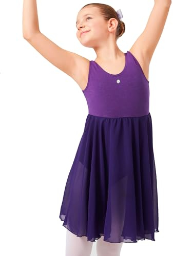 tanzmuster ® Ballettkleid Mädchen ärmellos - Helena - aus weichem Baumwollstoff mit Glitzerstein und Chiffon Röckchen fürs Kinder Ballett Ballettbody, lila, Größe:164/170