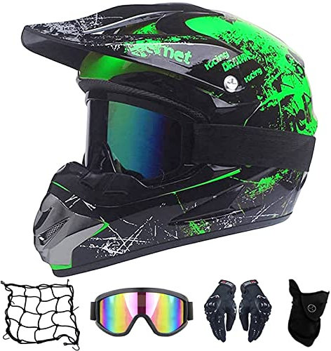 MRDEAR Casco de Moto Cross Hombre Negro y Verde (Gafas/ Máscara/ Guantes/ Red Elástica, 5 Pcs) Adulto Casco Motocross Set Casco Eduro Integral Off-Road MX Downhill Niño Infantil, Certificado Dot,L