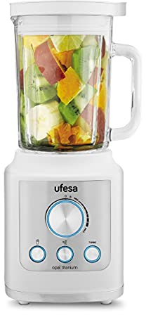 Ufesa Batidora de Vaso, 1800W, Jarra de Cristal de 1.8L, Control Electrónico LED de Velocidad, 3 Funciones, Turbo, Hielo, Smoothies, 6 Cuchillas de Titanio, Libre de BPA, Inox Blanco