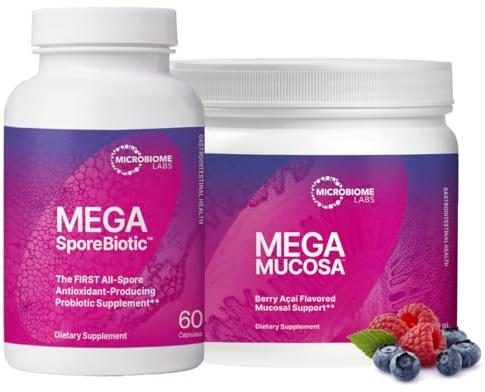 Microbiome Labs MegaSporeBiotic (60 Capsules) + MegaMucosa (5.5oz Powder) Probiotic and Gut Mucosal Support Bundle - Spore-Based Probiotic with Immunoglobulins, Amino Acids Powder Supplement