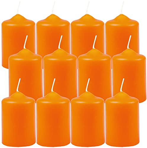 Lot de 12 bougies piliers en cire « Orange » Ø 4 cm x 6 cm - Diamètre : 4 cm - Disponibles dans de nombreuses couleurs - Fabriquées en UE