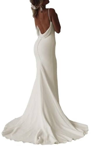Open Back Mermaid Bridal Gowns for Women Simple Boho V-Neck Wedding Dresses Spaghetti Straps Satin Elopement Dresses for Bride 2026 Ivory 2